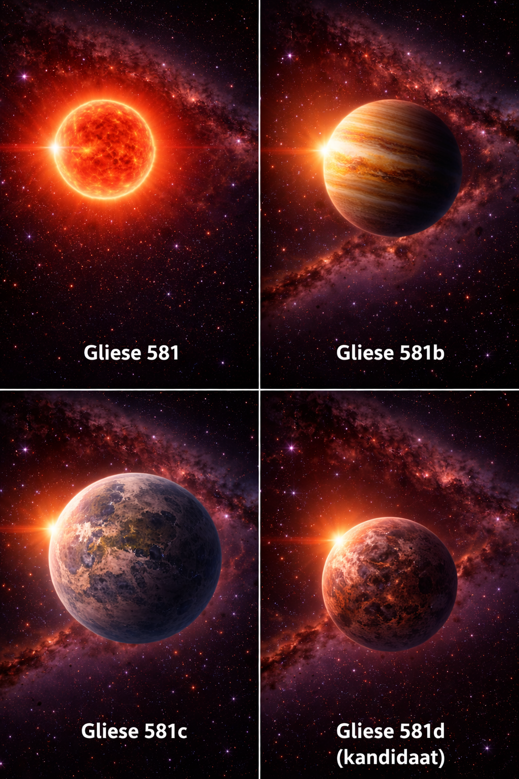 Illustratie van de ster Gliese 581 met planetenbanen.