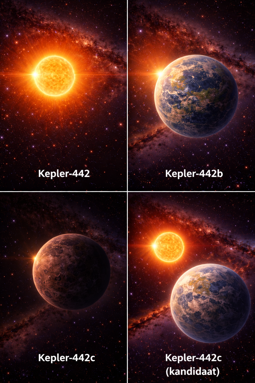 Illustratie van exoplaneet Kepler-442b bij een ster, met afstandslabels in een infographic-stijl.