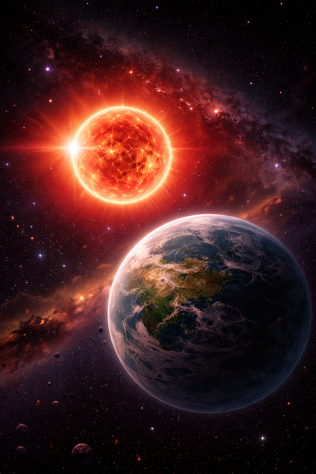 Artistieke indruk van exoplaneet Proxima b, een rotsachtige wereld dicht bij een rode ster.