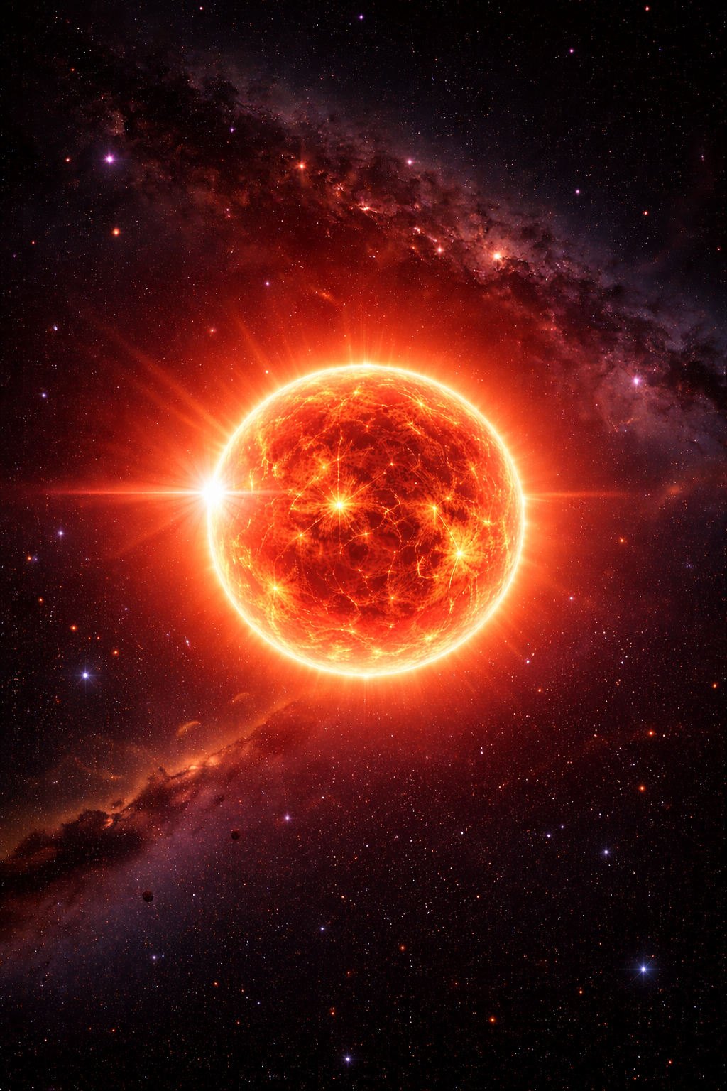 Detailbeeld: een vurige rode dwerg met heldere plekken en uitbarstingen.