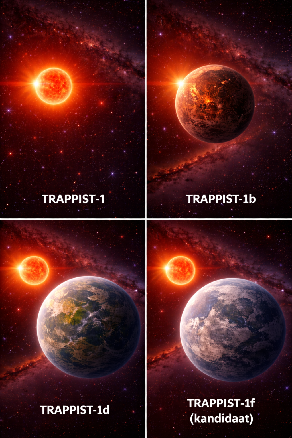 Infographic van het TRAPPIST-1 systeem met meerdere kleine planeten rond een koele ster.