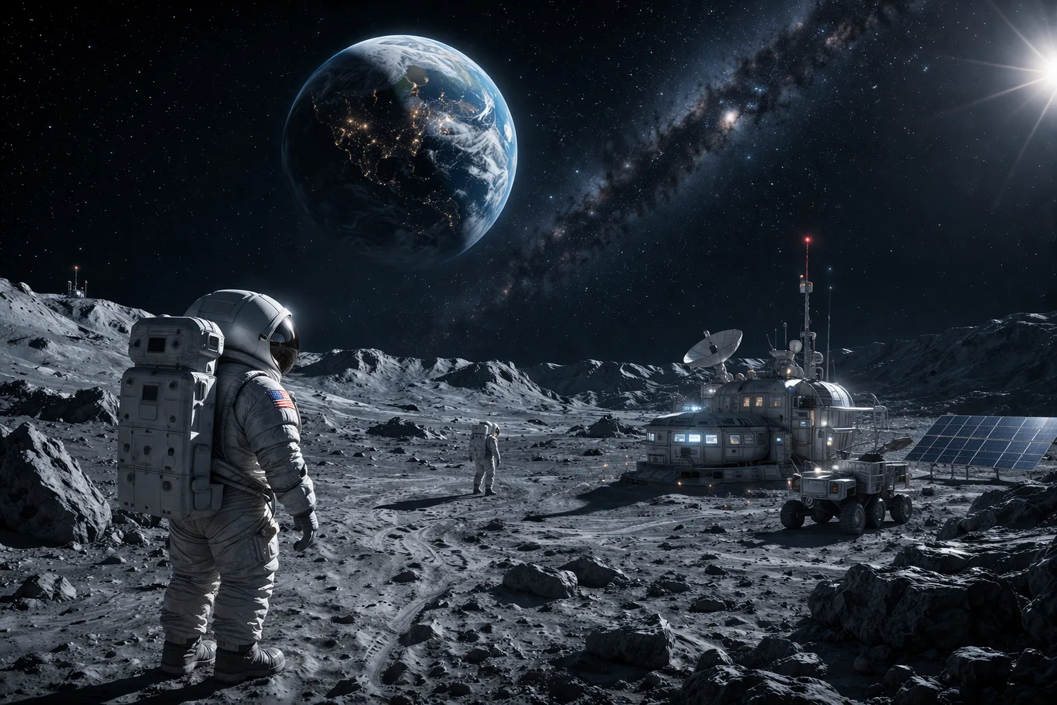 Lunar base under a starry sky