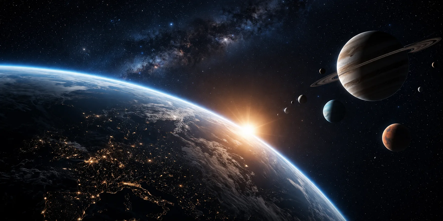 Ruimtepanorama met planeten en zon