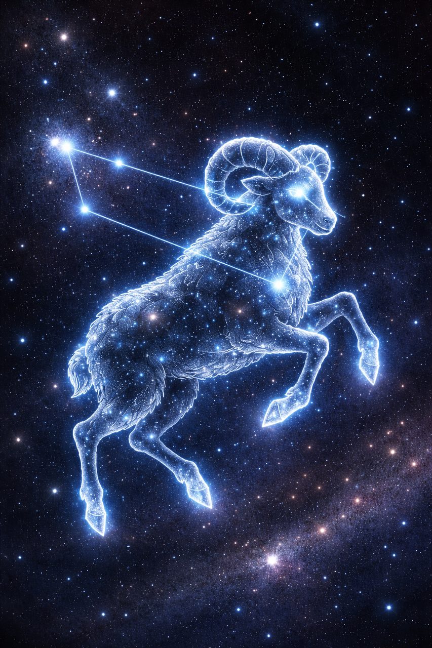 Afbeelding van het sterrenbeeld Ram als heldere sterrenfiguur aan de nachtelijke hemel.