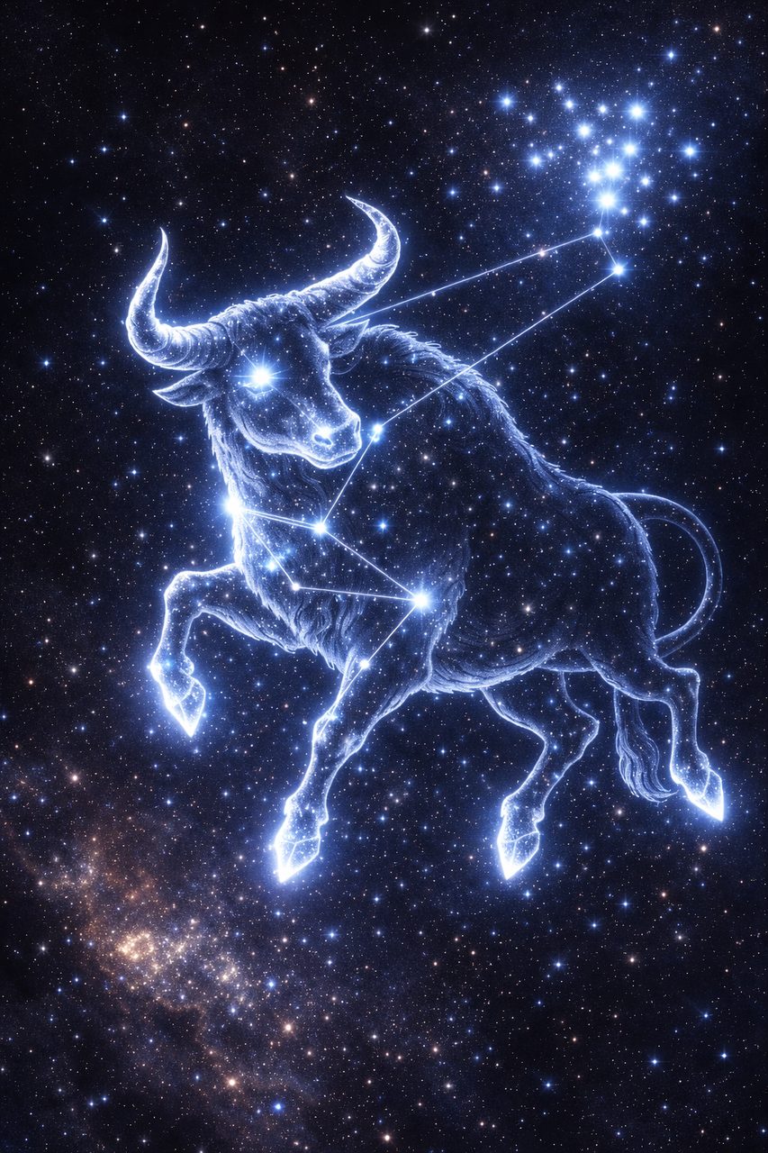 Afbeelding van het sterrenbeeld Stier als een heldere sterrenstier in de ruimte.