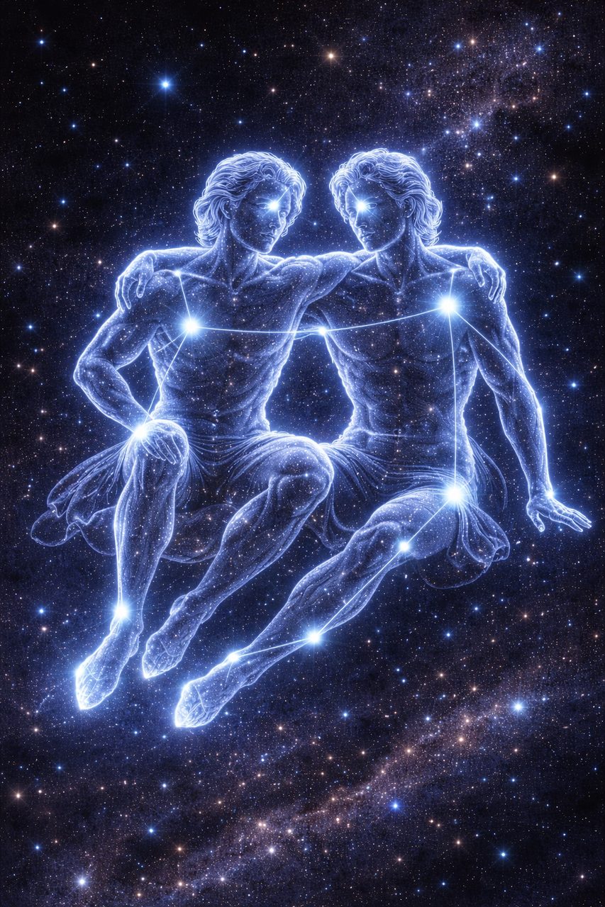 Afbeelding van het sterrenbeeld Tweelingen met twee verbonden sterrenfiguren.