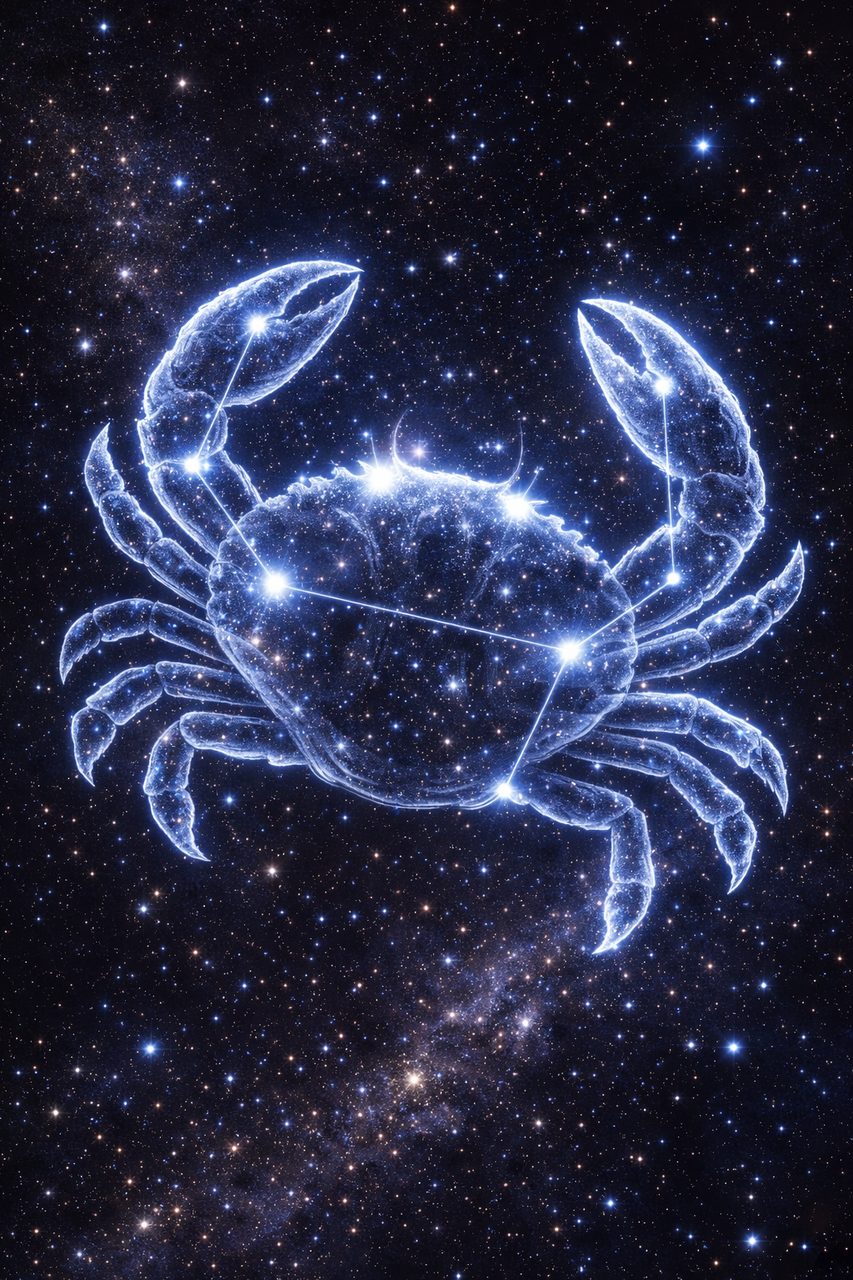 Afbeelding van het sterrenbeeld Kreeft als een stralende sterrenkreeft.