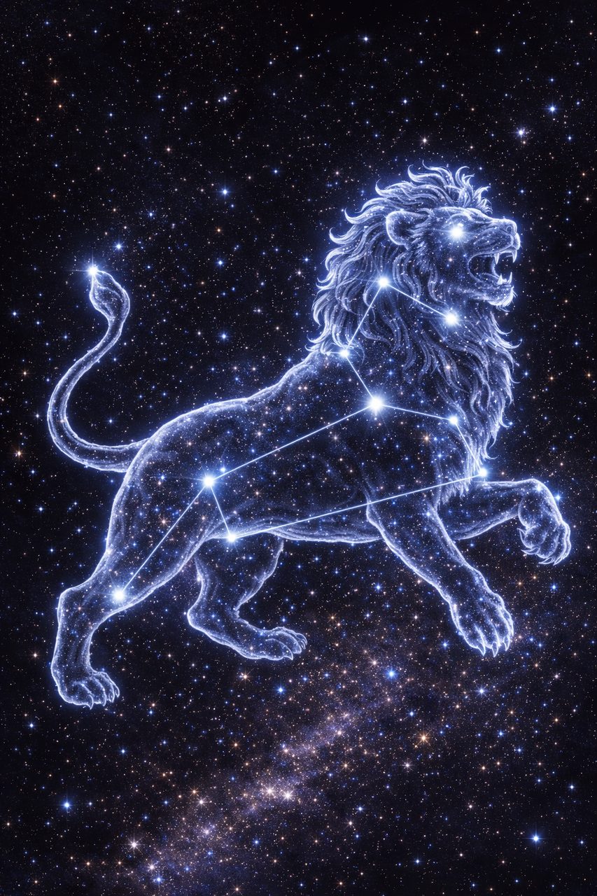 Afbeelding van het sterrenbeeld Leeuw als een lichtgevende leeuw van sterren.