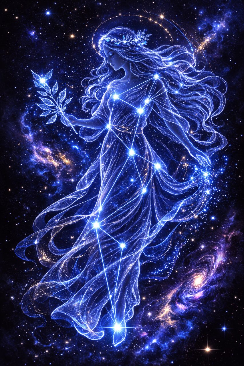 Afbeelding van het sterrenbeeld Maagd als een rustige en heldere sterrenfiguur.