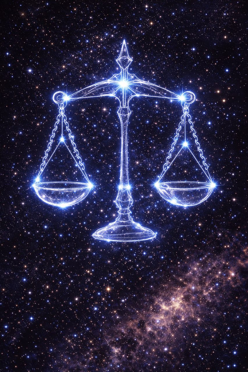 Afbeelding van het sterrenbeeld Weegschaal als heldere sterren in de vorm van een weegschaal.