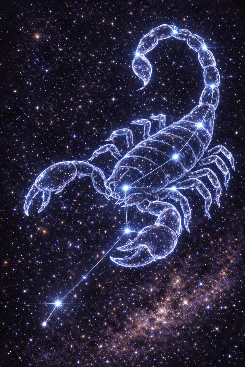 Afbeelding van het sterrenbeeld Schorpioen als een heldere schorpioen van sterren.