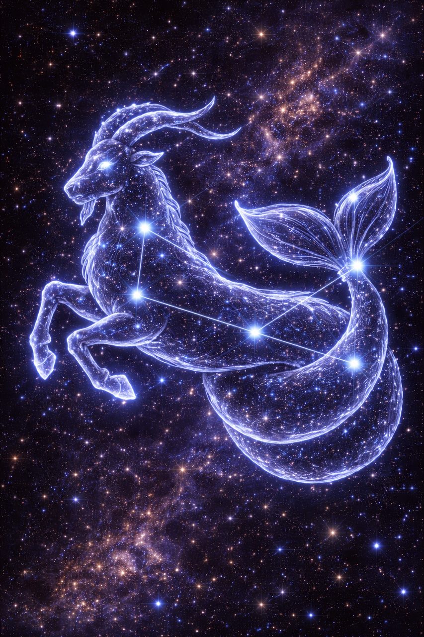 Afbeelding van het sterrenbeeld Steenbok als een heldere zeegeit van sterren.