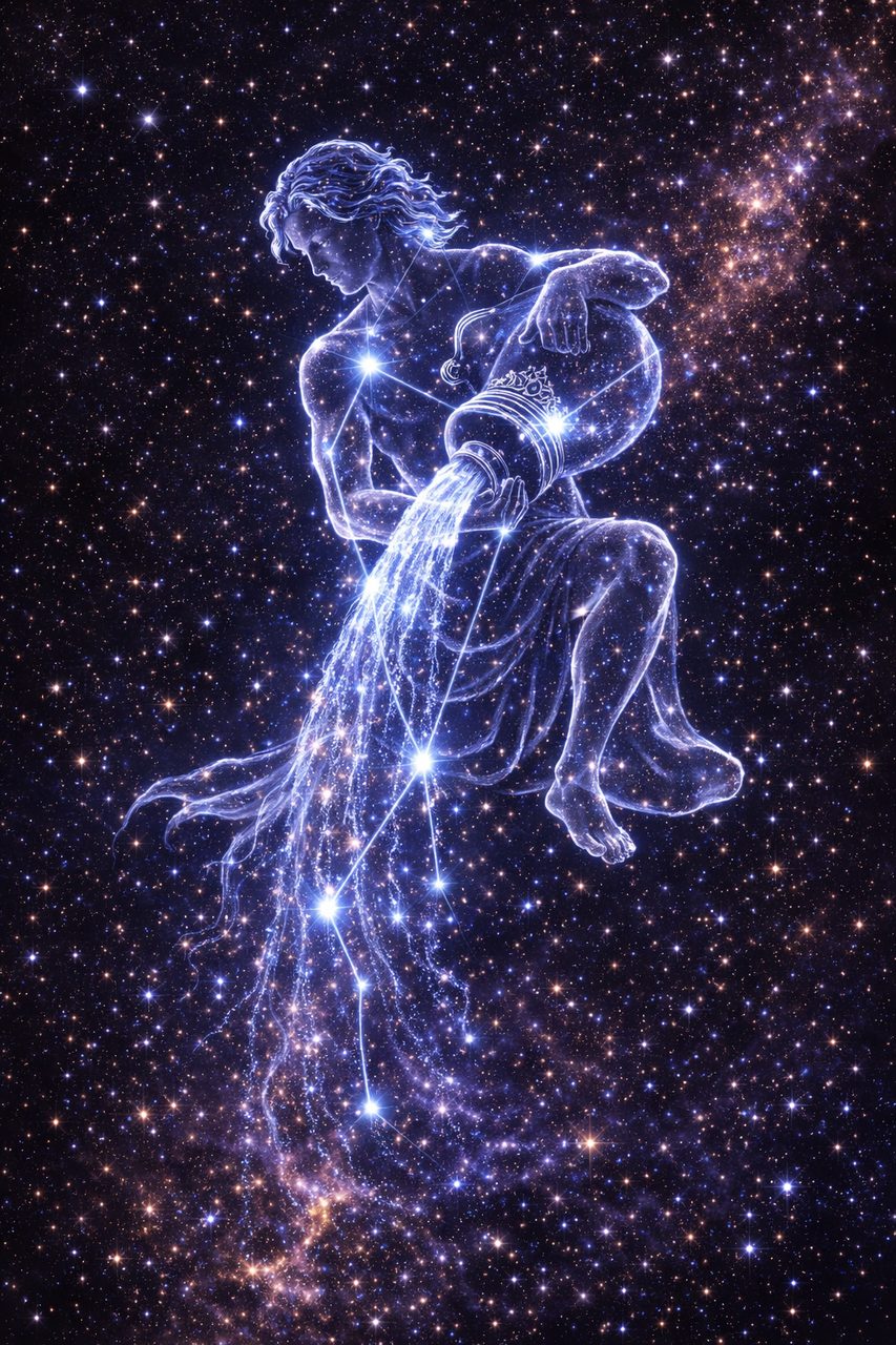 Afbeelding van het sterrenbeeld Waterman als een lichtgevende waterdrager in de ruimte.