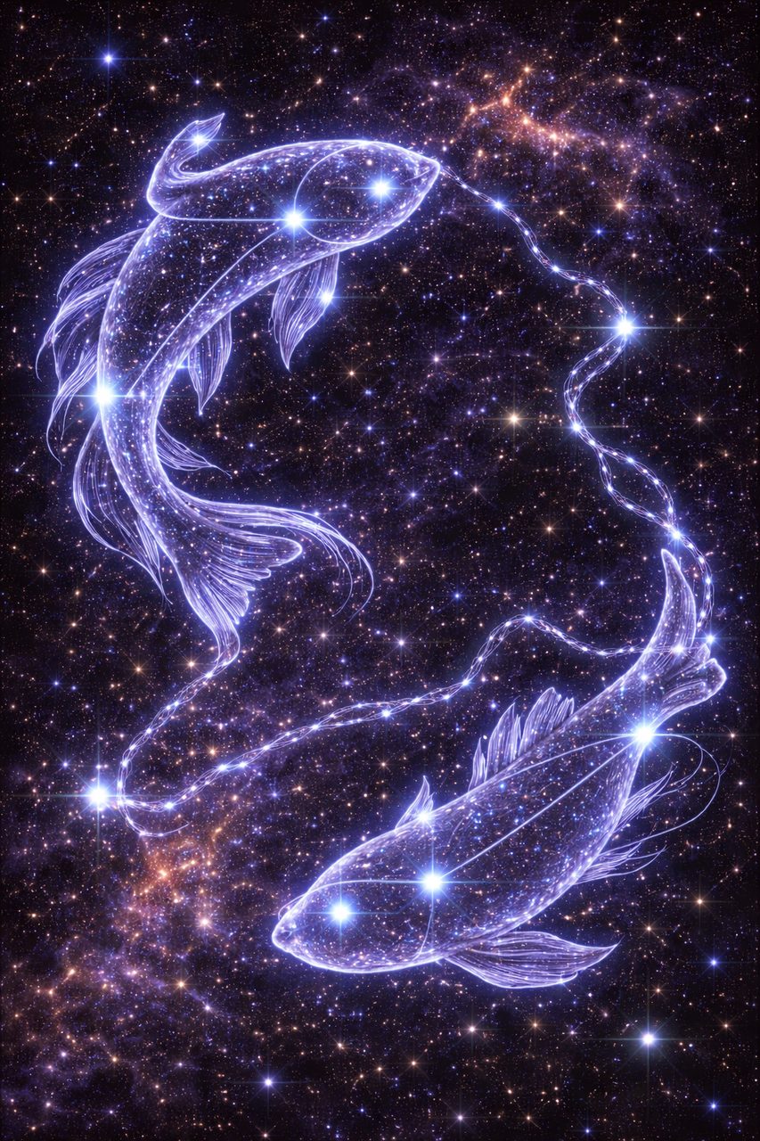 Afbeelding van het sterrenbeeld Vissen als twee verbonden sterrenvissen in de nacht.