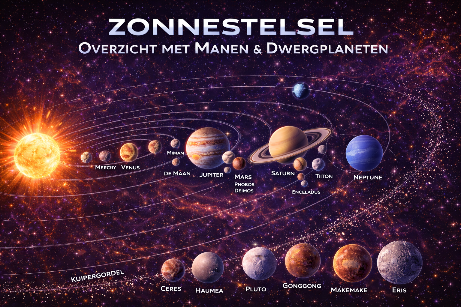 Zonnestelsel met manen en dwergplaneten