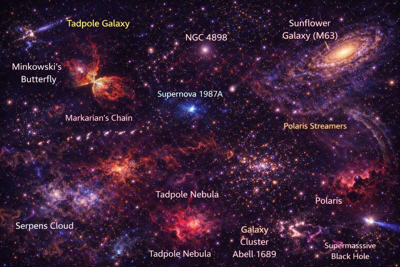 Ruimteveld met supernova en clusters