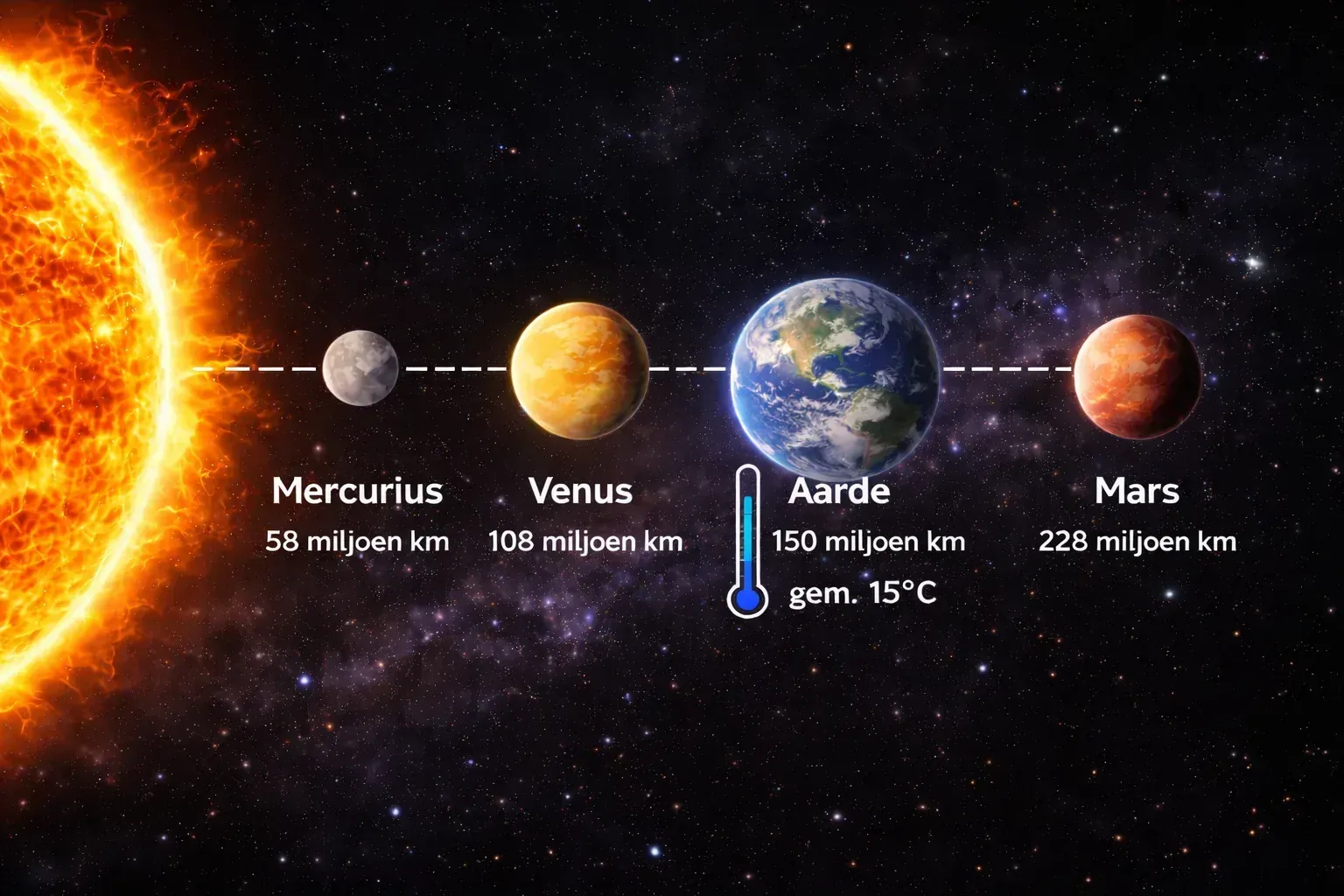 Overzicht van Mercurius, Venus, Aarde en Mars met afstanden en temperatuur