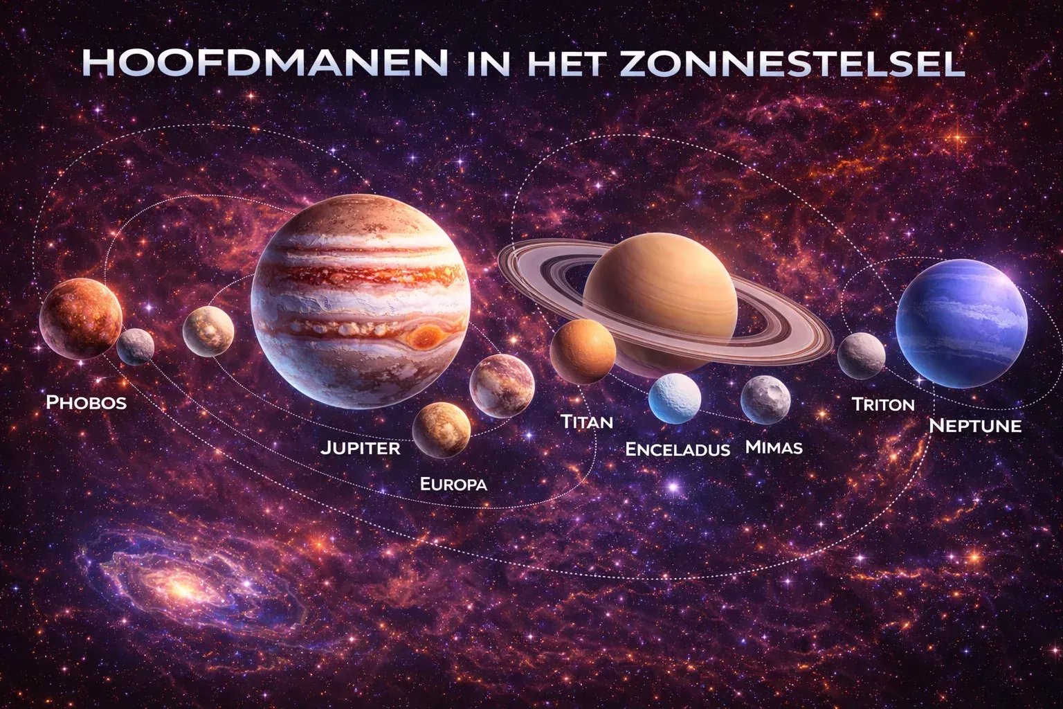 Illustratief overzicht van hoofdmanen in het zonnestelsel
