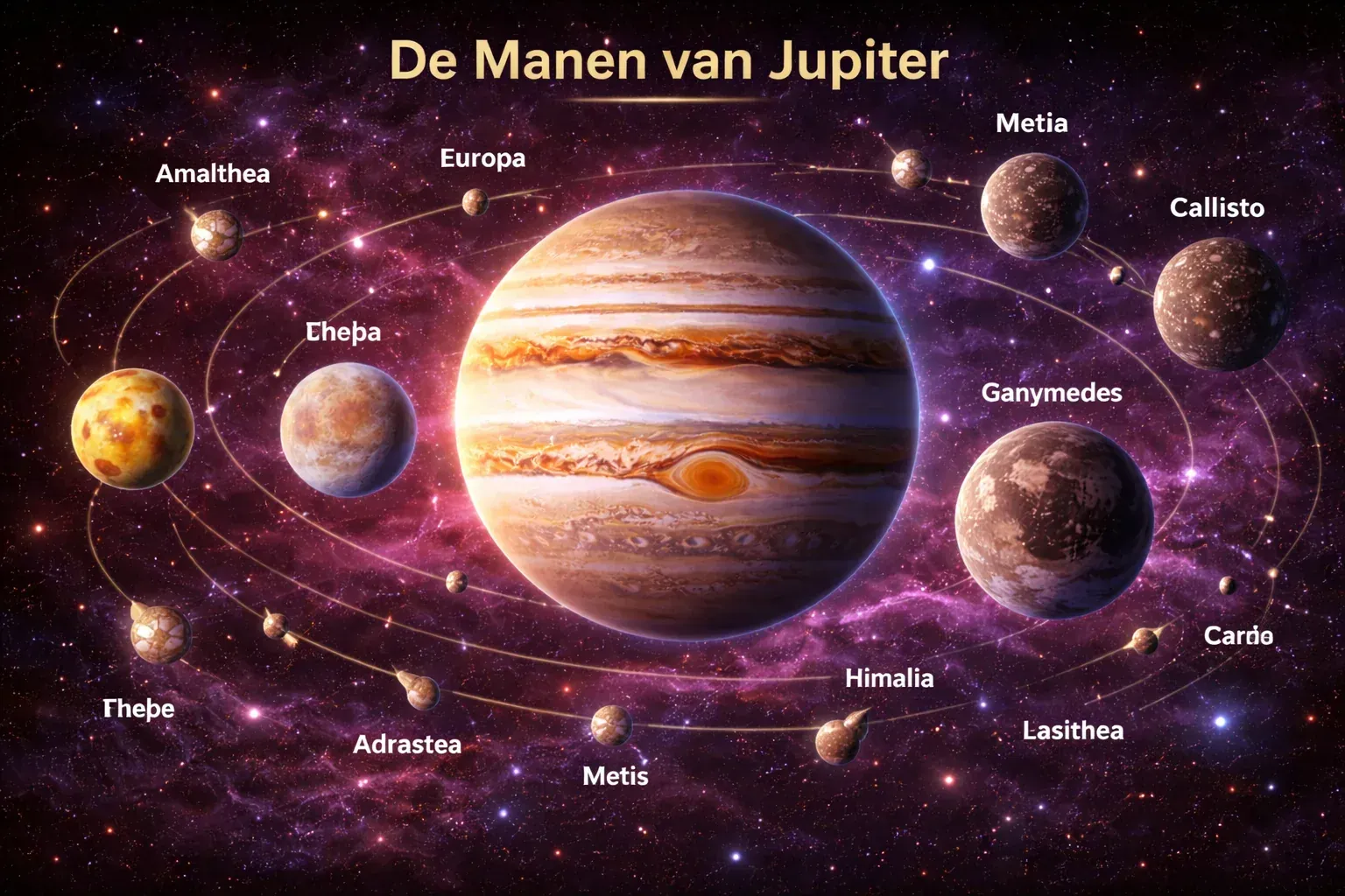 Nederlandse overzichtskaart van Jupiter met meerdere belangrijke manen
