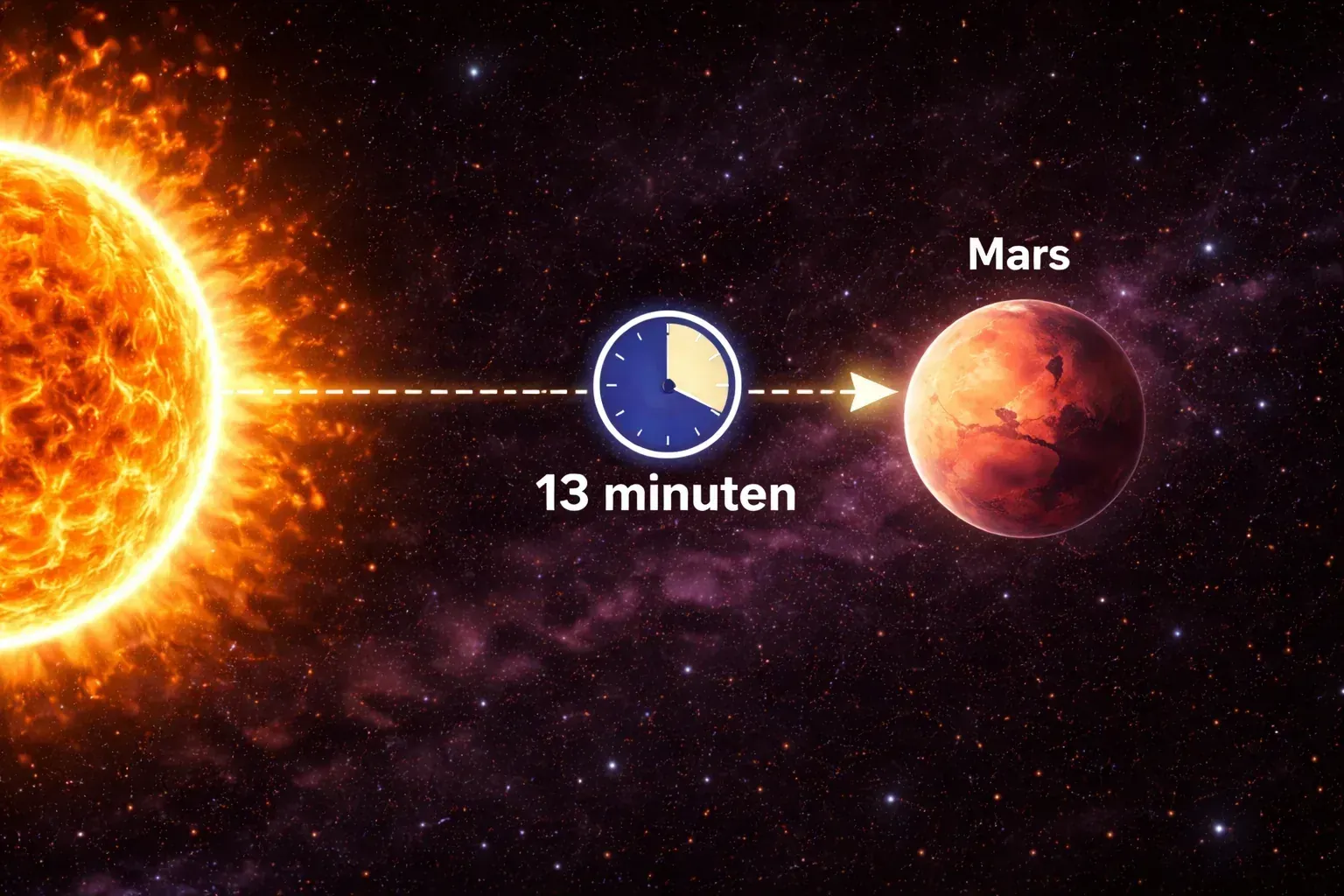 Uitlegkaart over hoe lang zonlicht ongeveer doet over de afstand naar Mars