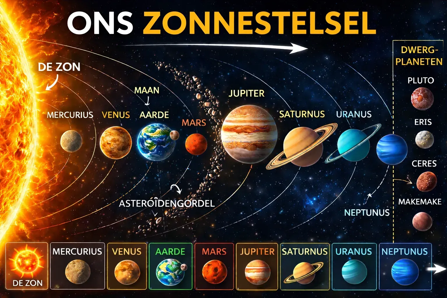 Nederlandse overzichtskaart van ons zonnestelsel met de zon, de acht planeten en meerdere dwergplaneten