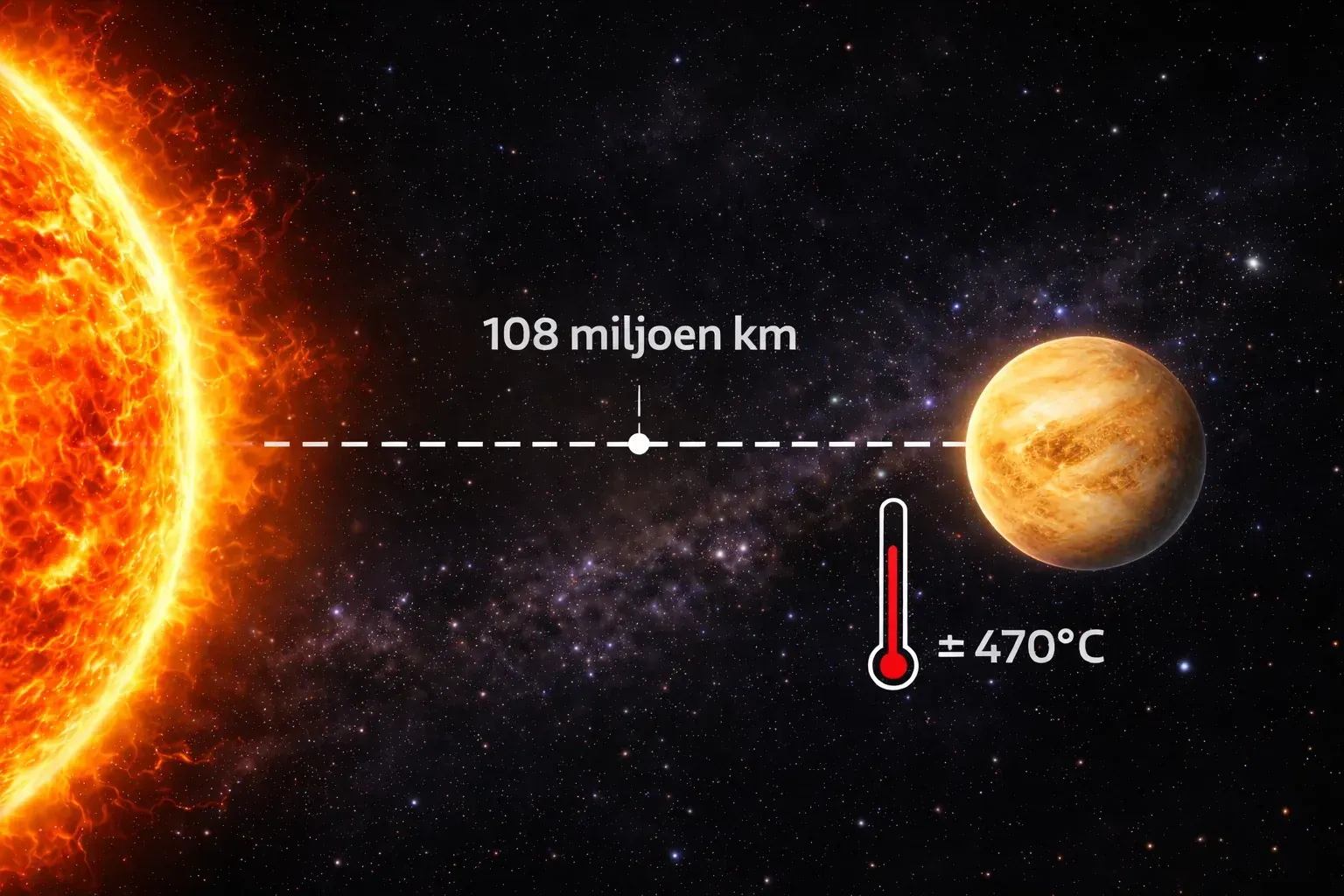 Uitlegkaart over hoe lang zonlicht ongeveer doet over de afstand naar Venus