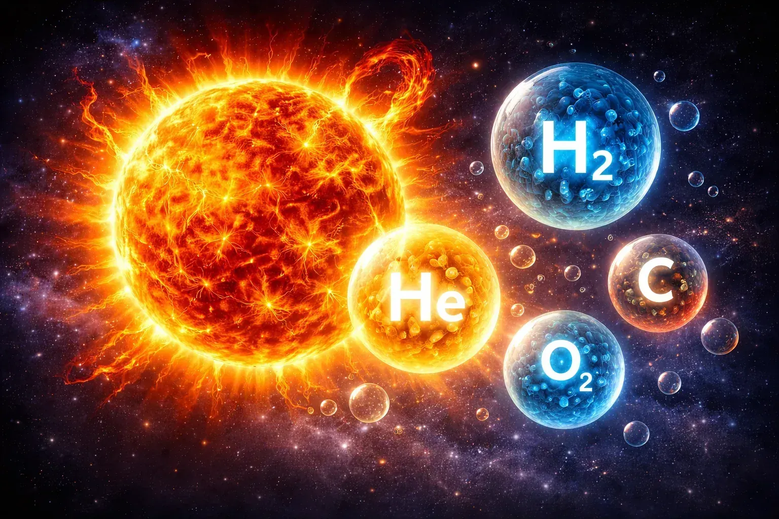 Illustratief beeld van de zon met symbolen voor verschillende elementen