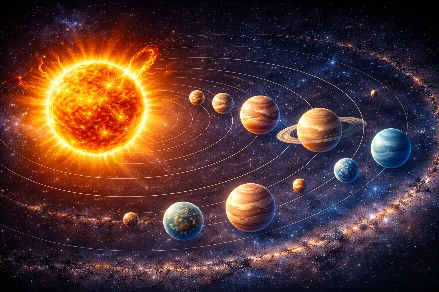 Groot sfeerbeeld van de zon en meerdere planeetbanen