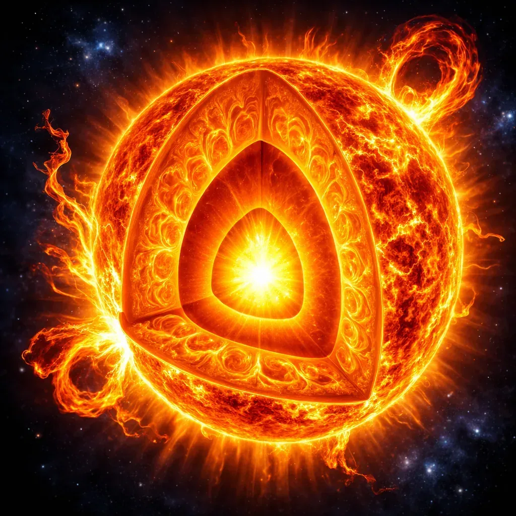 Artist impression van de zon met opengewerkte kern