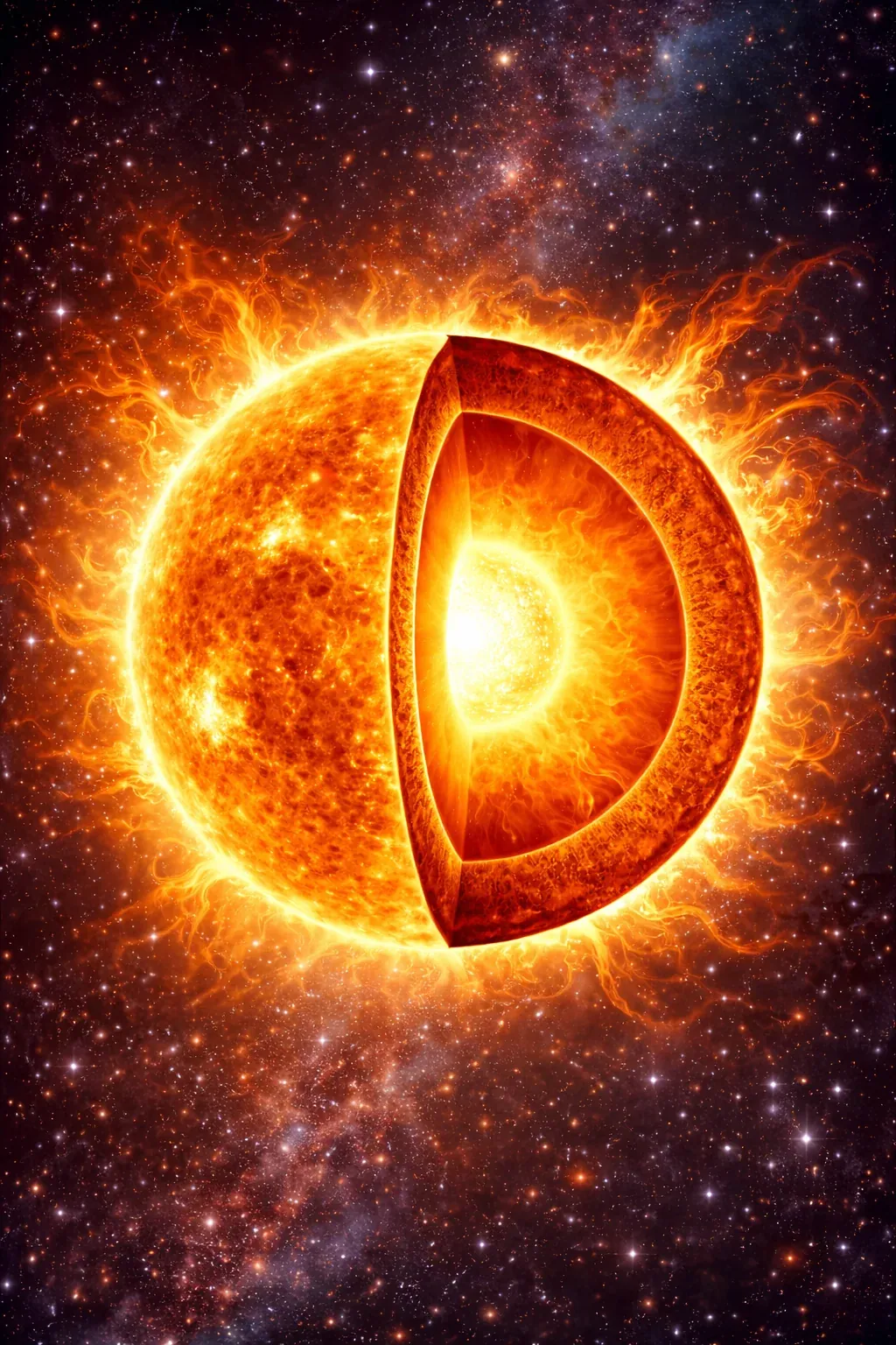 Opengewerkt beeld van de zon met heldere kern