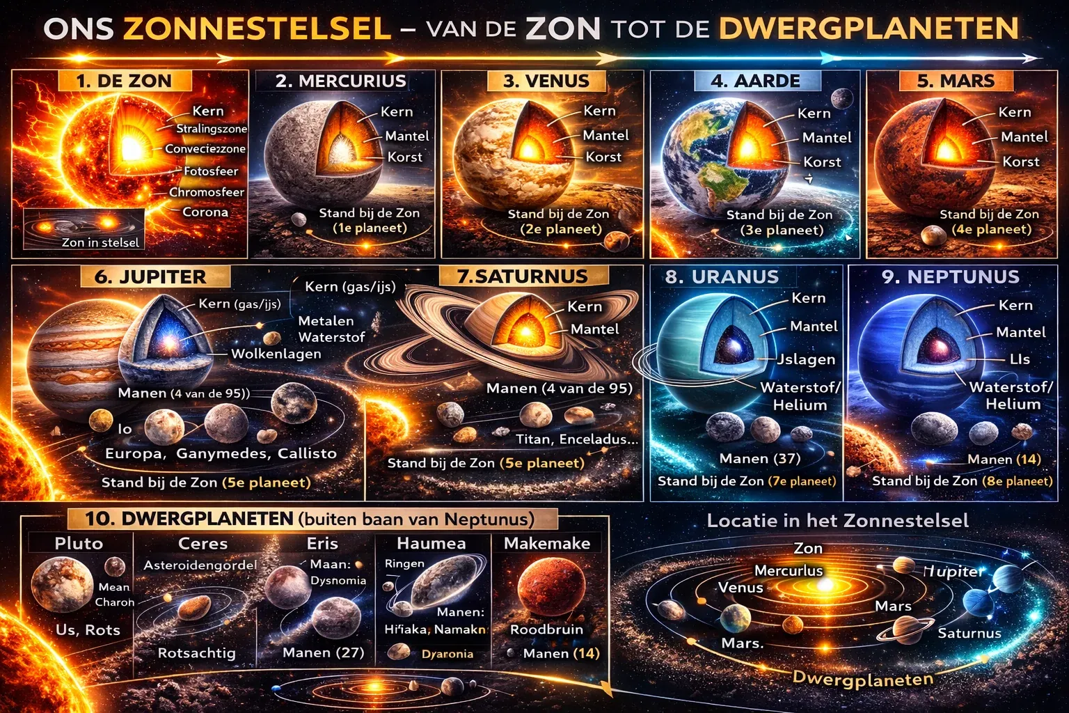 Grote samengestelde kaart van zon, planeten en dwergplaneten